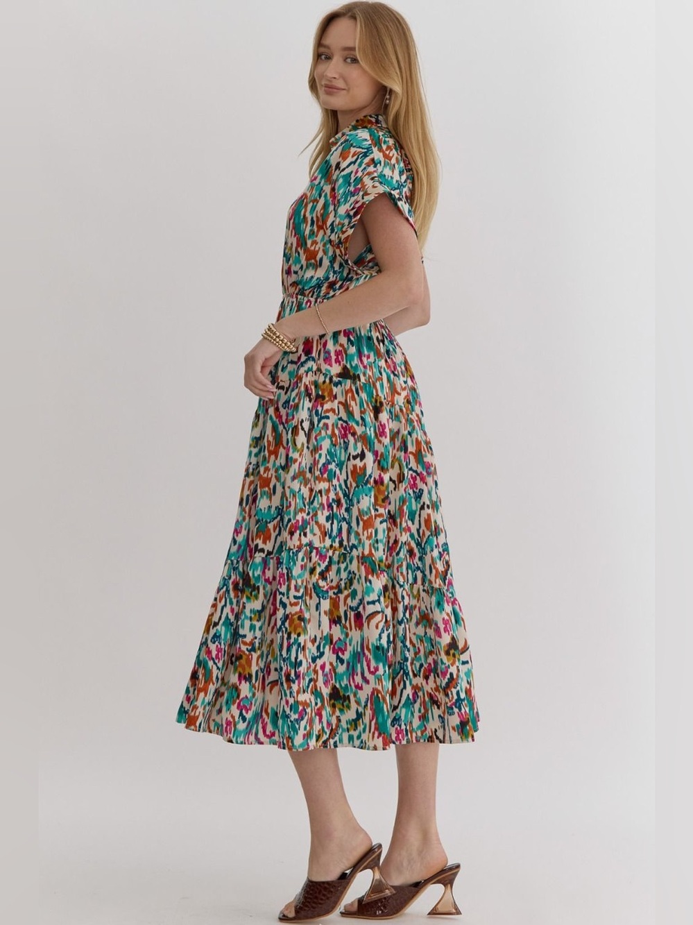 Entro Satin V-Neck Collared Midi Dress